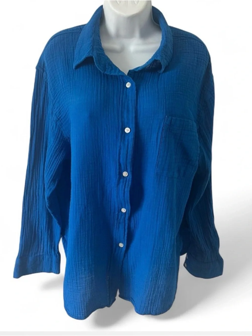 Women's Relaxed Blue Button-Down Cotton Gauze Shirt - Picture 1 of 10